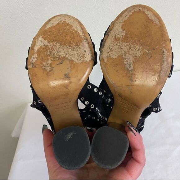 ISABEL MARANT Aydan Black Suede Eyelet Wrap Around Sandals Heels - Picture 10 of 11